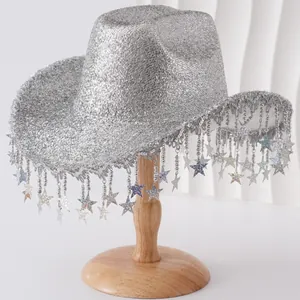 Glitter Star Tassel Western Cowboy Hat Sparkling Sequin Party Stage Performance Hat For Women Men Festival Rave Accessories