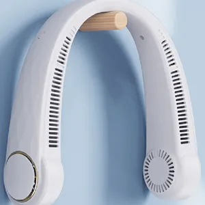 Portable white USB neck fan hanging on a wooden hook for outdoor sports and travel