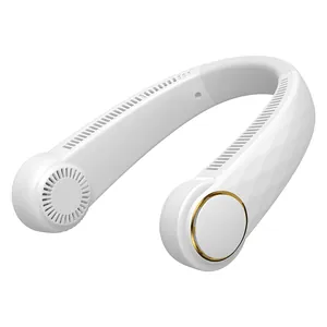 Portable white bladeless USB neck fan with gold accents for outdoor sports and travel