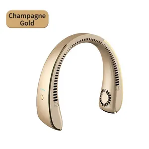 Sleek bladeless neck fan in champagne gold, portable and USB rechargeable design
