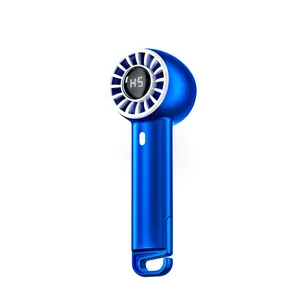Mini ventilador de mano turbo con pantalla digital y gancho de color azul para viajes.