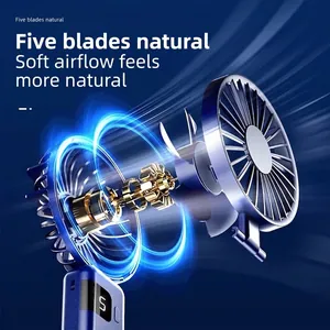 Ventilador de mano plegable portátil con cinco aspas y pantalla LED digital