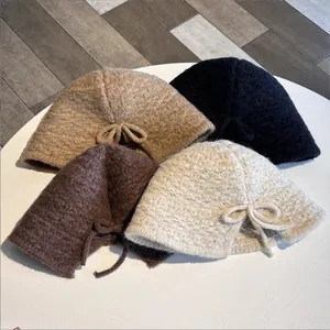 Women Handmade Bow Knitted Fisherman Hat Solid Color Warm Winter Polyester Bucket Hat Soft Woolen Cap Chic Outdoor Wear