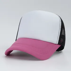 Side view of a white and pink trucker cap with black mesh back for breathable wear.