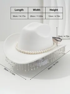 White fedora hat with pearls and rhinestone fringe, measurements 36x28x12cm shown.