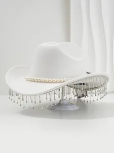 Elegant white cowboy hat detail with pearl band and sparkling rhinestone fringe decor