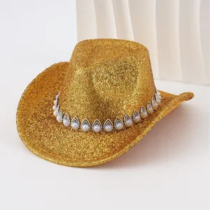Sombrero de Vaquero Western Unisex Poliéster Brillante Banda de Perla Artificial Strass Fedora Accesorios de Fiesta