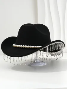 Detailed view of a black cowboy hat with pearl band and sparkling rhinestone fringe