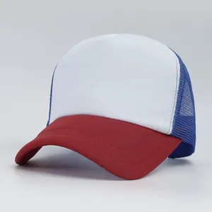 Professional side view of a red white and blue mesh back trucker hat for men and women