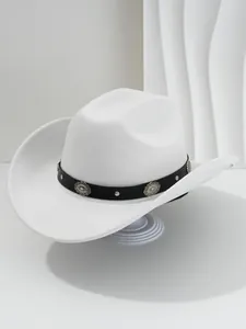 Detailed close-up of a white western cowboy hat featuring a studded black PU leather band.