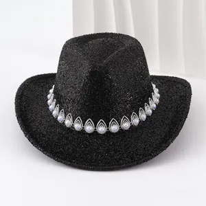 Sombrero vaquero negro con purpurina y banda decorativa de perlas para estilo Western