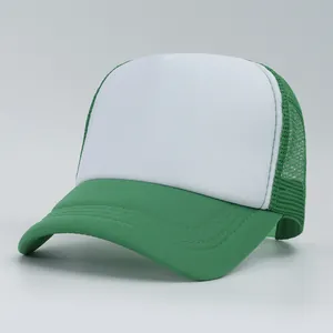 Detailed view of breathable green mesh and white front panel on a stylish trucker cap
