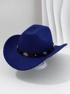 Macro view of a deep blue western cowboy hat featuring a flower stud leather belt detail.