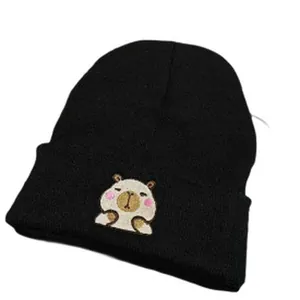 Minimalist black winter knitted beanie hat with cute cartoon capybara embroidery