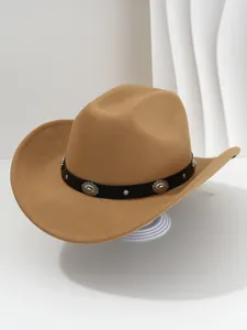 Detailed view of camel western cowboy hat with floral silver studded PU leather band.