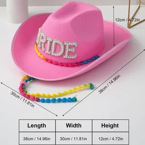 Rosa Western-Cowboyhut mit Strass-BRIDE-Buchstaben und bunter Perlenschnur