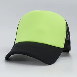 Detail view of neon green and black mesh trucker cap with professional stitching.