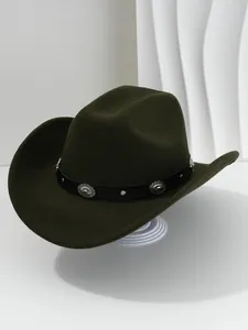 Detailed macro view of dark green felt cowboy hat with decorative silver flower studs