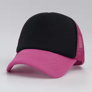 Detailed side view of a black and magenta mesh back baseball cap with curved brim