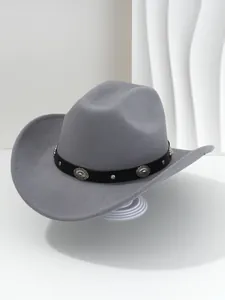Detail of grey felt western cowboy hat with floral studded black PU leather band