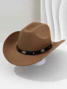 Brown western cowboy hat detail featuring black PU leather band with floral metal studs