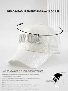 Guida alla misurazione per berretto da baseball con paillettes bianche e scritta BRIDE.