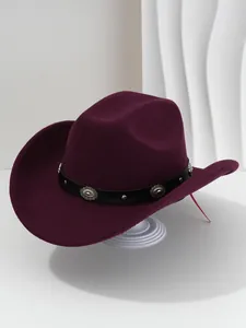 Elegant burgundy felt cowboy hat with floral studded PU leather band detail