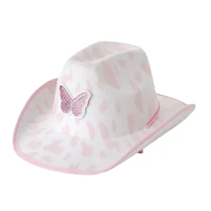 Rosa und weißer Cowboyhut mit Kuhmuster und Pailletten-Schmetterling für Frauen