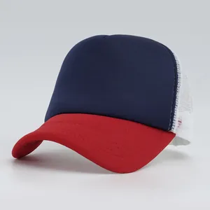 Side view of multi-color trucker hat with blue foam front and white mesh back