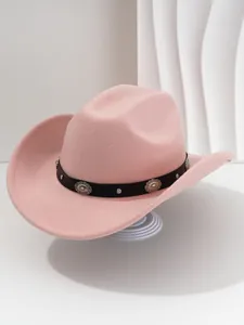 Close-up of a pink Western cowboy hat featuring a black PU leather band with silver floral studs.