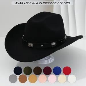 Western Cowboy Hat Unisex Wide Brim Polyester Fedora Hat With Flower Studs PU Leather Belt Fashion Party Jazz Hat