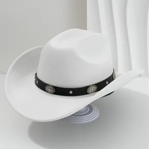 Stylish white western cowboy hat featuring a flower studded PU leather belt and wide brim