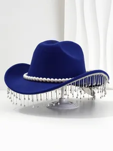 Royal blue felt fedora with pearl band and rhinestone fringe for parties.