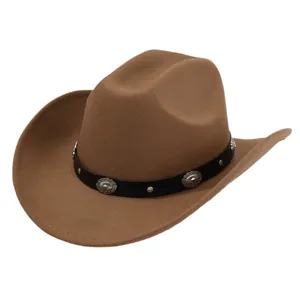 Classic brown western cowboy hat with floral studded PU leather belt for parties