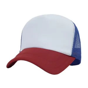 Stylish unisex trucker hat featuring a white foam front with red brim and blue mesh back