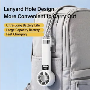 White portable handheld fan with carabiner hook hanging on a backpack for outdoor use