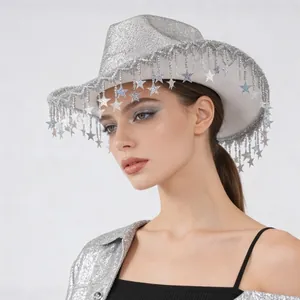 Sparkly silver cowboy hat with star tassels for party and stage performance outfits