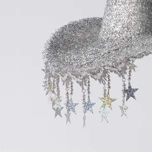 Shiny silver cowboy hat featuring hanging star fringe and sparkling glitter finish