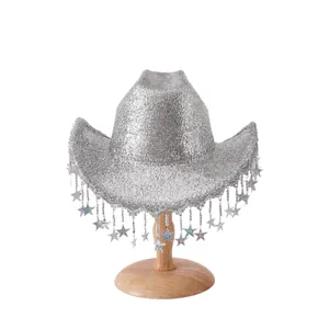 Shiny silver cowboy hat with colorful star tassels for party and stage costumes