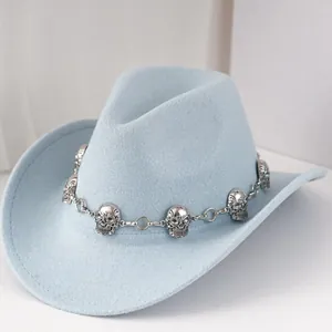 Chapeau de Cowboy Vintage Punk Rock Homme Femme Chapeau Fedora en Feutre de Polyester Avec Ceinture Chaîne en Métal Crâne Party