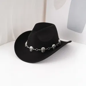 Chapeau de cowboy en feutre noir avec chaîne tête de mort pour style punk rock