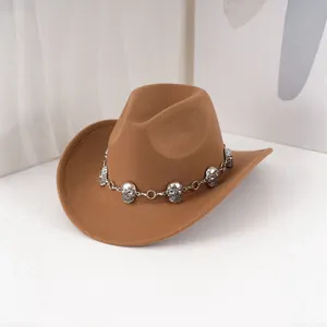 Chapeau de cowboy en feutre marron vintage avec chaîne en métal tête de mort punk