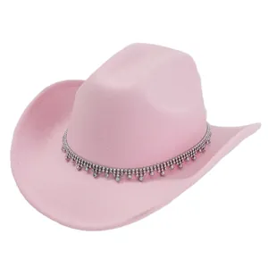 Cappello da cowboy rosa in feltro con frange di strass per spose e feste