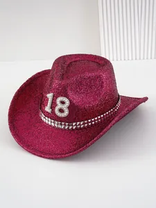 Sombrero de vaquero con lentejuelas rosas, número 18 en perlas y banda tachonada