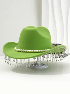 Close-up of a lime green felt hat with a pearl band and dangling rhinestone tassels