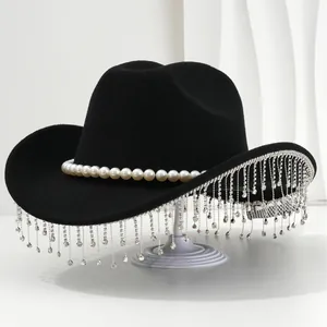Elegant black cowboy hat with pearl band and sparkling rhinestone fringe tassels