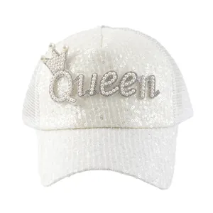 Cappellino da baseball bianco con paillettes e perle Queen