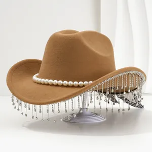 Elegant brown women's fedora hat featuring pearl band and rhinestone fringe trim