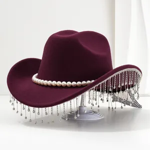 Wine red British style fedora hat with pearl and rhinestone fringe for women's party