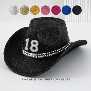 Sombrero de Vaquero Occidental con Lentejuelas Brillantes con Número 18 de Perlas y Ribete de Tachuelas Fedora de Jazz para Fiesta de Cumpleaños